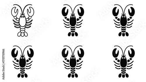 Vector art of collection of six lobster silhouette icons, presenting various crustacean designs in a simple black and white style
