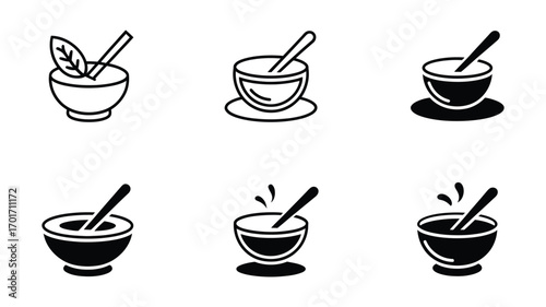 Vector art of compilation of six bowl silhouette icons, each featuring a spoon and representing different soup or food concepts
