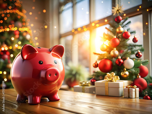 Red piggy bank sitting on wooden table with christmas tree and gift boxes in the background