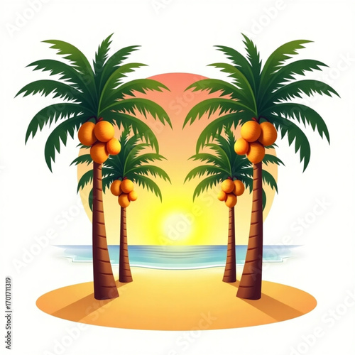 Tropical Palm and Coconut Tree Vector Illustration on Sandy Beach with Sunset Sky