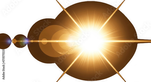 Bright golden sun flare with lens flare effects and bokeh isolated on transparent background