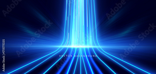 Abstract neon blue speed vertical light on dark blue background.