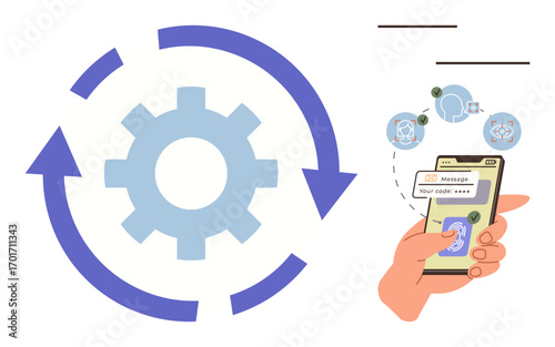 Gear with arrows, hand holding smartphone for secure login with code and verification icons. Ideal for security, technology, automation, digital transformation, connectivity, innovation, user