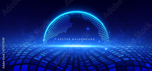 Global connection network on dark blue background.
