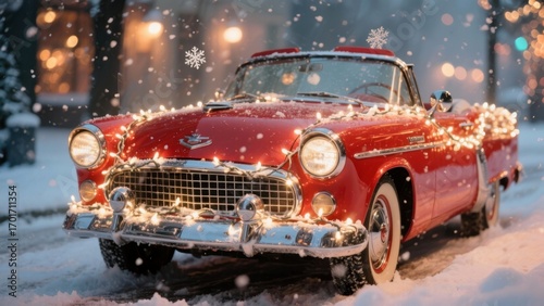 A vintage red convertible car decorated with Christmas lights parked on a snowy street. Snowflakes fall gently around, creating a festive winter atmosphere.