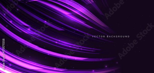 Abstract technology background with purple geometric glowing curve lines.