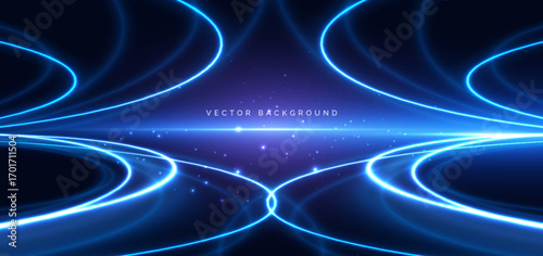 Blue glowing curve rya on dark blue background. Speed movement, hi tech community, car speed concept.