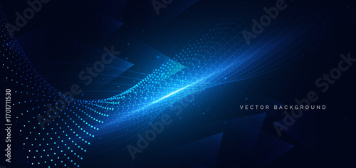 Abstract dot dynamic wave lines with blue light effect on dark blue background.