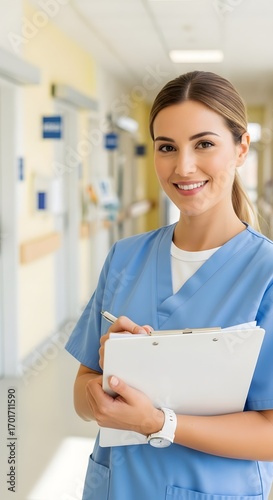 Smiling Female Nurse in Hospital Corridor Holding Clipboard