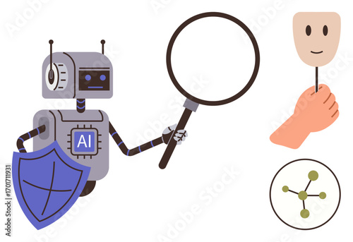 AI robot holding a magnifying glass and shield investigates identity fraud symbolized by a mask and neural connections. Ideal for AI, security, fraud prevention, technology, cybersecurity, online