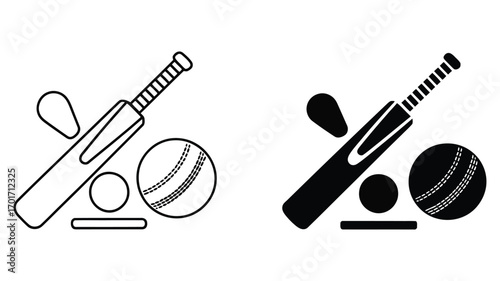 Vector art of cricket equipment including a bat, ball, bails and stumps sports equipment for playing cricket game
