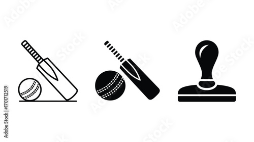 Vector art of cricket equipment including a bat, ball and stamp sports equipment for playing cricket game and stamp