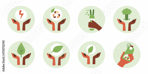 Hands holding symbols of environmental care and sustainability including energy recycling plants and nature conservation