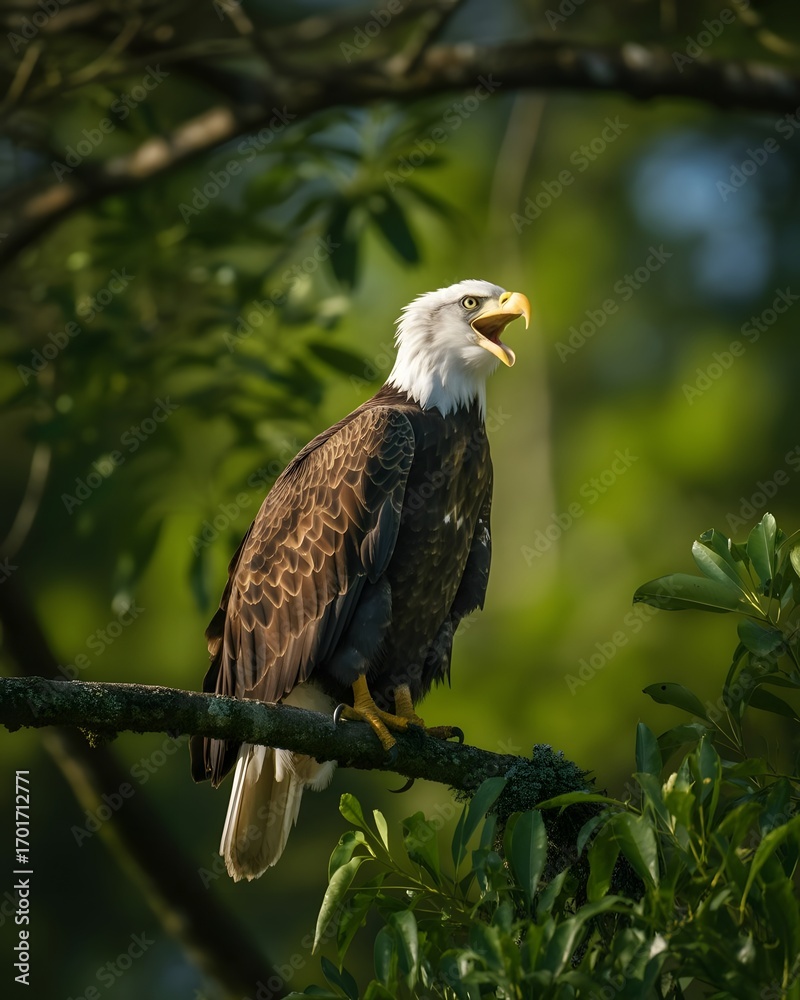 Obraz premium Bald eagle perched on a branch calling out in a lush green forest