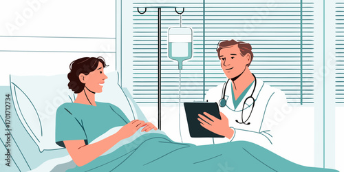 Doctor in a white coat with a stethoscope talks to a smiling female patient in a hospital bed with an iv drip