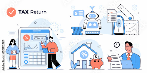 Modern illustration of tax return process with people and technology elements
