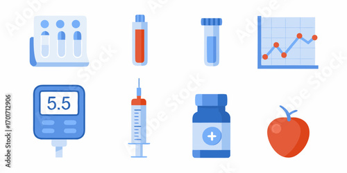Collection of medical icons including blood glucose meter syringe test tubes medicine bottle graph and fruit