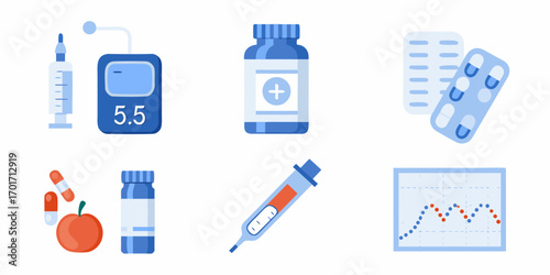 Collection of flat vector icons representing diabetes management and treatment including glucose meter insulin syringe medication and healthy food choices