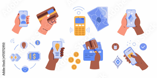 Hands holding various payment methods including smartphones credit cards and digital transactions