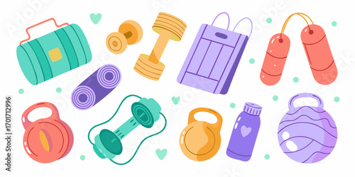 Collection of colorful cartoon fitness equipment and accessories for a healthy lifestyle