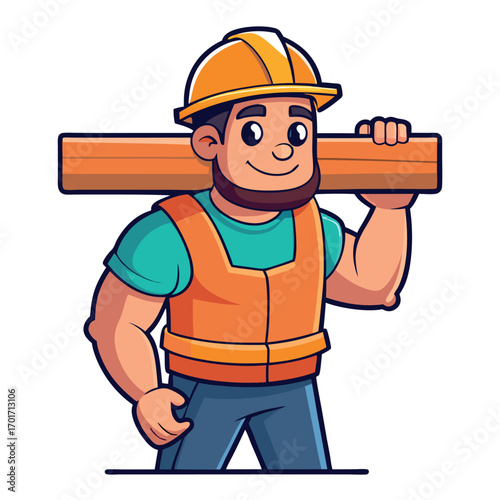 Construction worker carrying wood