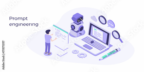 Prompt engineering concept with a person interacting with a digital interface and a robot assistant