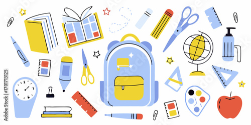 Collection of colorful school supplies and stationery items arranged in a playful pattern