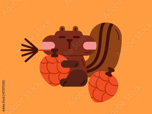 Cute chipmunk with a pine cone Autumn cute character illustration. Autumn illustration. Autumn mood. Children's illustration.