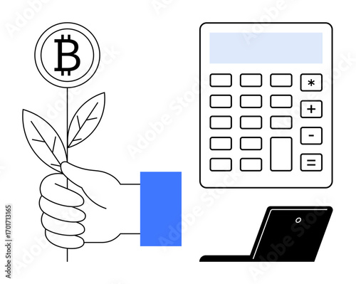 Hand holding bitcoin plant symbolizing growth, accompanied by a calculator and laptop. Ideal for cryptocurrency, investment, finance, technology, eco-economy, innovation digital economy. Simple flat
