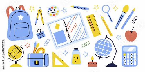 Collection of colorful school supplies and stationery items arranged on a white background