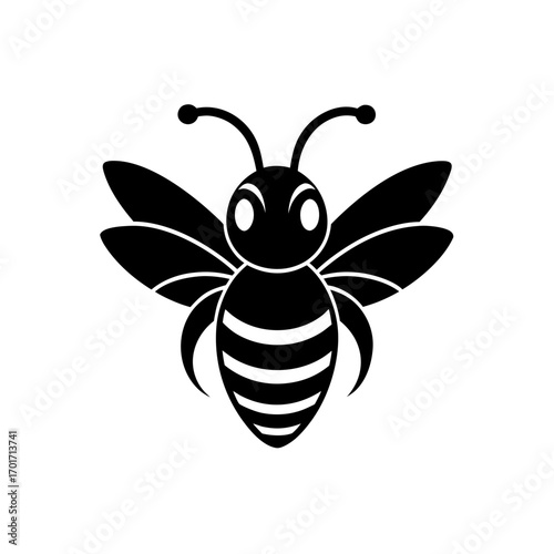 Stylized black and white bee illustration on transparent background silhouette