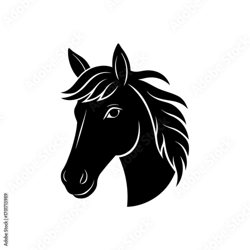 Silhouette of a horse head with flowing mane on transparent background