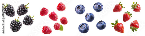 Set of falling berries raspberries, blackberries, blueberries and strawberries isolated on transparent background PNG