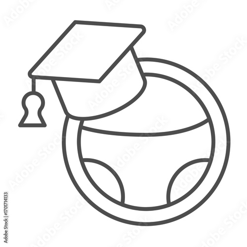 Steering wheel and hat thin line icon, driver license concept. Vector graphics. Wheel and driving school graduation cap sign on white background, outline style icon for mobile or web design.