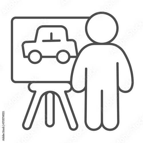 Lecturer man at driving course thin line icon, driver license concept. Vector graphics. Man and car on whiteboard with tripod sign on white background, outline style icon of mobile or web design.