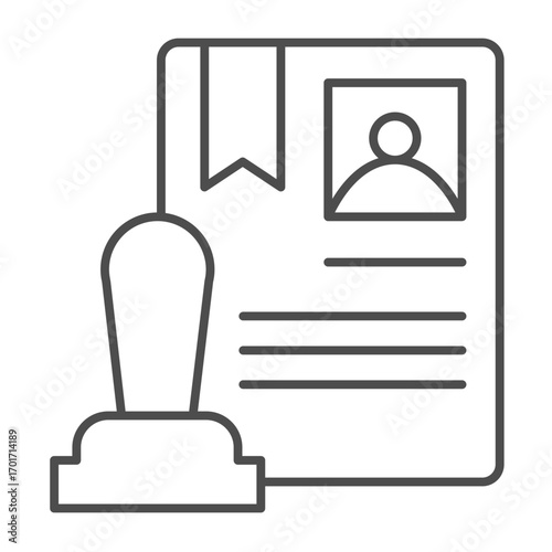 Certificate paper of course thin line icon, driver license concept. Vector graphics. Driving school document with seal stamp sign on white background, outline style icon for mobile or web design.