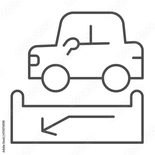 Car vehicle and parking space with arrow thin line icon, driver license concept. Vector graphics. Parking test for drivers sign on white background, outline style icon for mobile or web design.