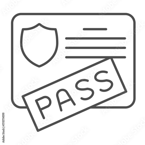 Card with PASS of driving test thin line icon, driver license concept. Vector graphics. Paper with safety emblem, inspection sign on white background, outline style icon for mobile or web design.