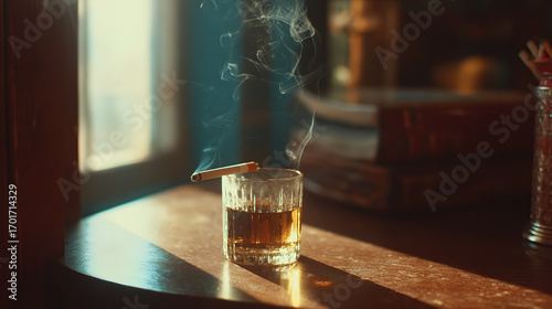 glass of whiskey with cigarettes on the table