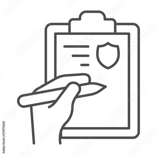 Signing of fine document thin line icon, driver license concept. Vector graphics. Document paper with safety emblem and hand sign on white background, outline style icon for mobile or web design.