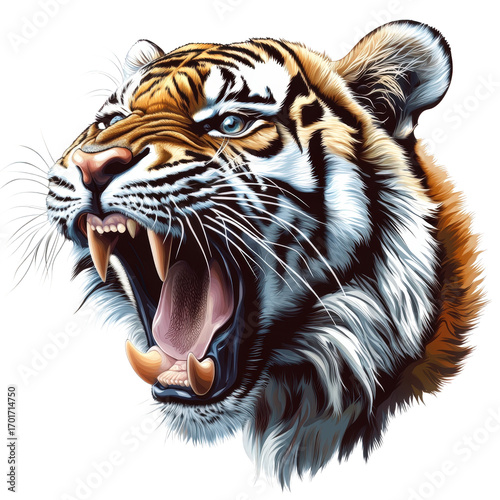 Closeup illustration of a roaring tigers head with bared teeth and stripes isolated on transparent background