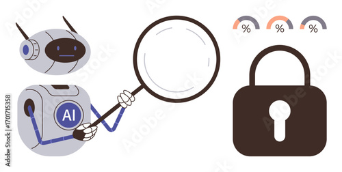 Robot with AI label examining security lock using magnifying glass, percentage icons above. Ideal for cybersecurity, data protection, AI analysis, technology, internet safety, research, privacy