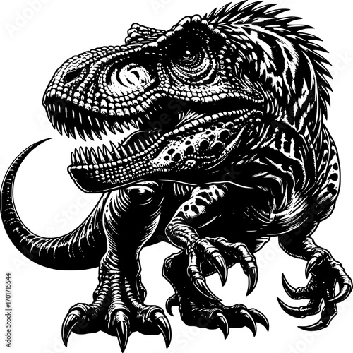 Tyrannosaurus Rex: The imposing silhouette of a Tyrannosaurus Rex, a magnificent predator, meticulously illustrated, highlighting its ferocious essence and intricate texture.
