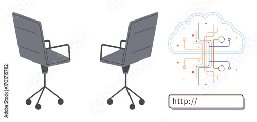 Office chairs beside cloud computing network diagram and URL bar, symbolizing teamwork, remote work, communication, technology, data sharing, innovation, and digital transformation. Clean flat
