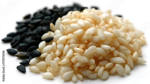 A close-up of black and white sesame seeds artfully arranged, showcasing their textures, Ideal for food blogs, recipe websites, or health-related content highlighting nutrition and culinary diversity