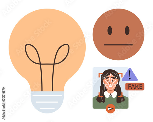 Large light bulb, neutral face, and AI-marked face portrait with notification Fake. Ideal for technology, AI ethics, detection systems, innovation, online safety, media analysis simple flat metaphor