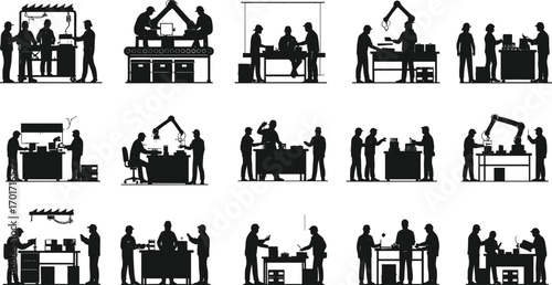 Industrial workers and robotic arms in factory production line silhouette set showing teamwork, manufacturing process, automation, and quality control.