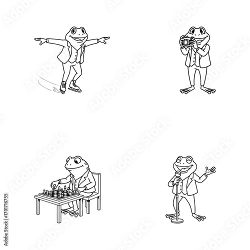 Frog character hobby set vector illustration. A cartoon mascot ice skating taking photos playing chess and singing for a coloring book.
