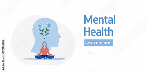 Woman meditating in lotus pose inside a silhouette of a head with flowers representing mental well being and growth