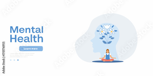 Woman meditating in lotus pose inside a silhouette of a human head with blooming flowers representing mental health and well being